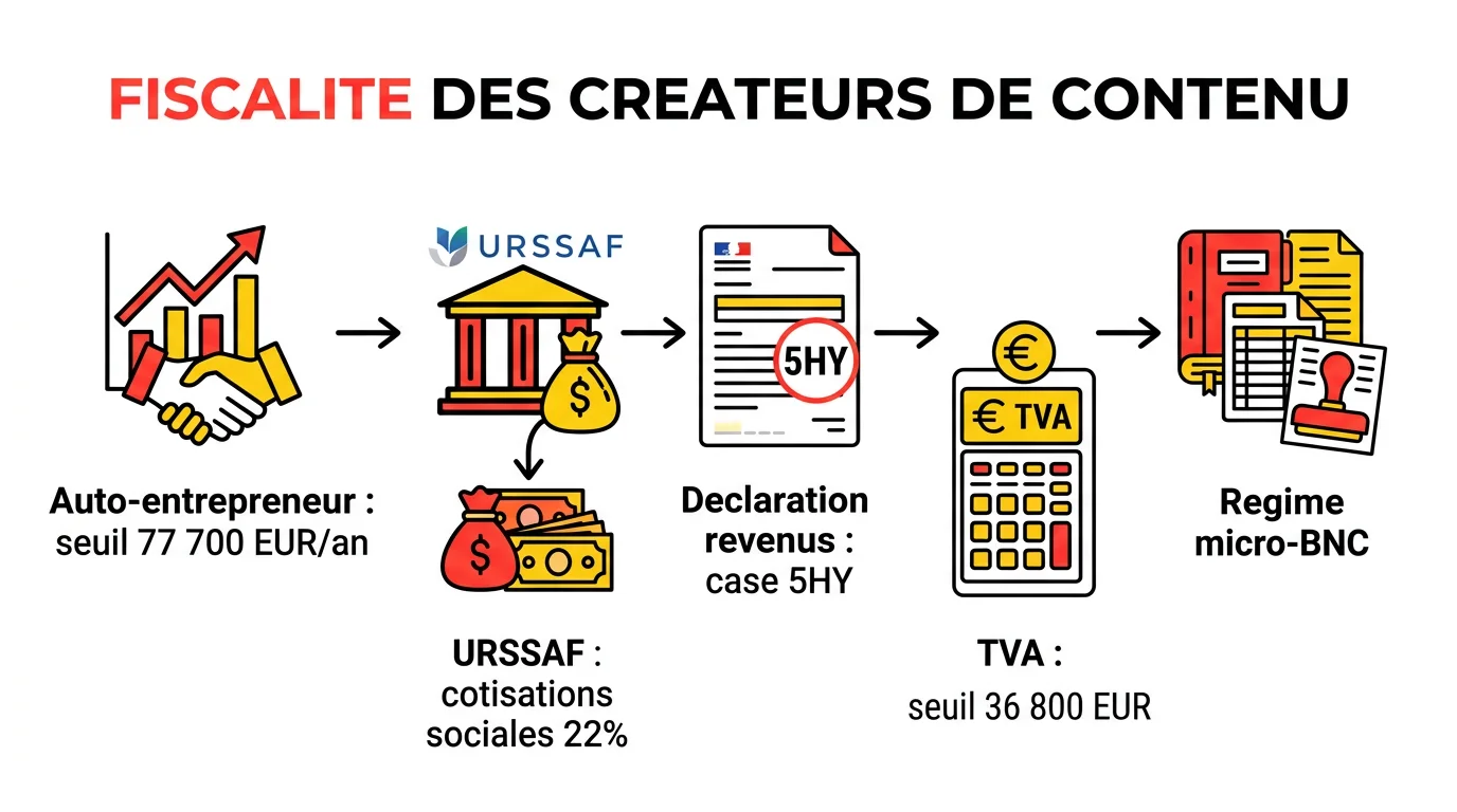 Schema explicatif de la fiscalite des createurs de contenu en France : auto-entrepreneur, URSSAF, declaration des revenus et seuils TVA