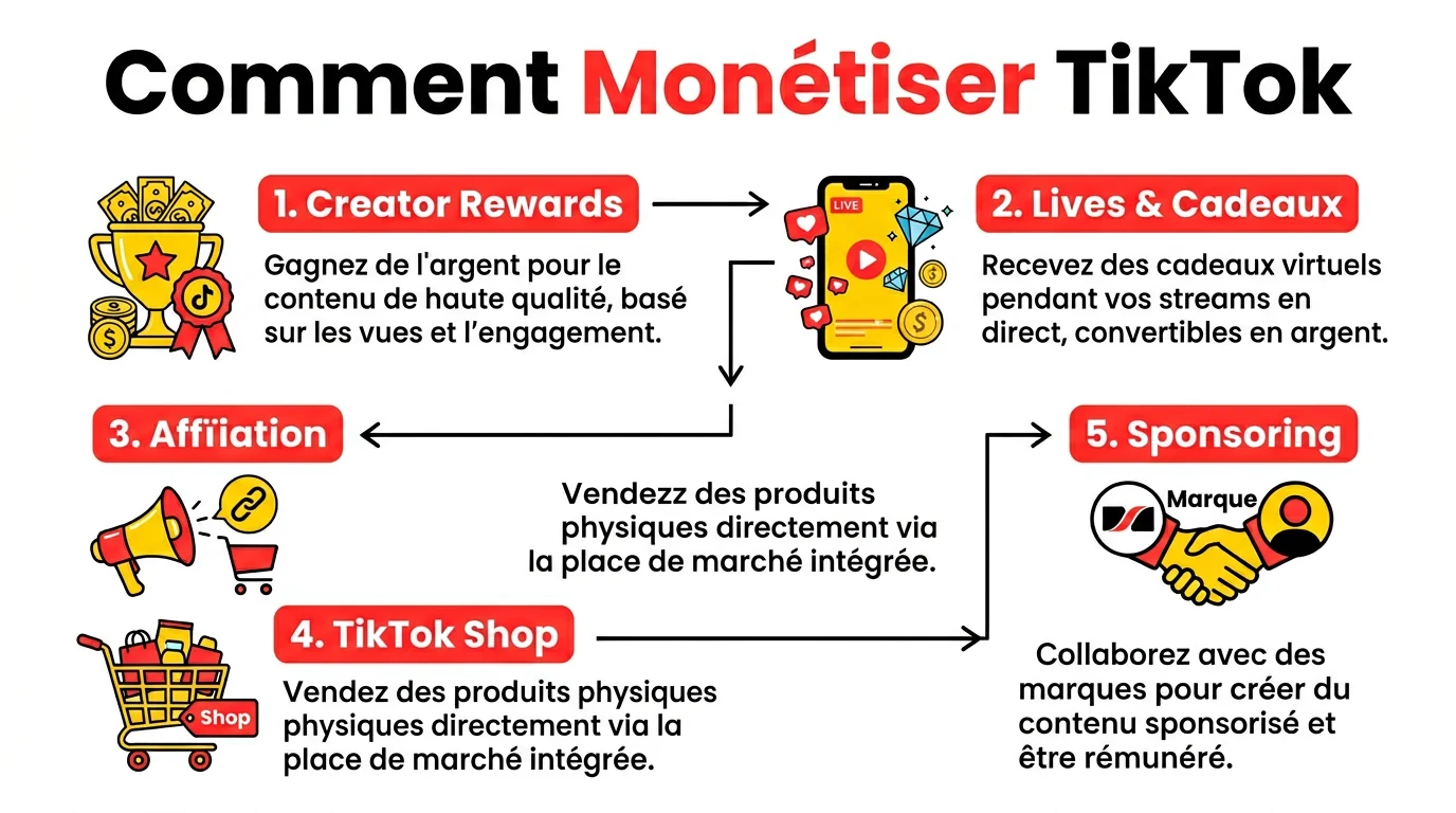 Infographie des 5 methodes de monetisation TikTok : Creator Rewards, Lives, Affiliation, TikTok Shop et Sponsoring