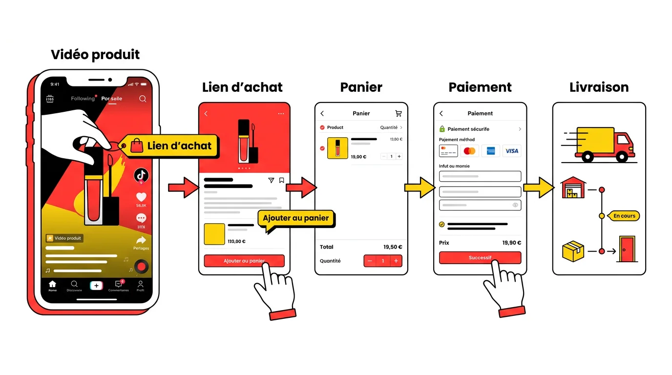 Schema du parcours d'achat TikTok Shop de la video produit au paiement et a la livraison