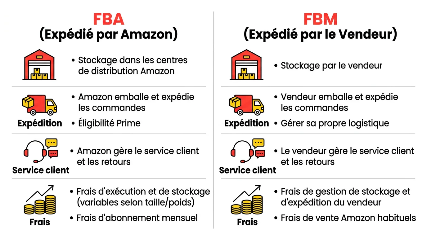 Infographie comparative FBA vs FBM avec colonnes stockage, expedition, service client et frais