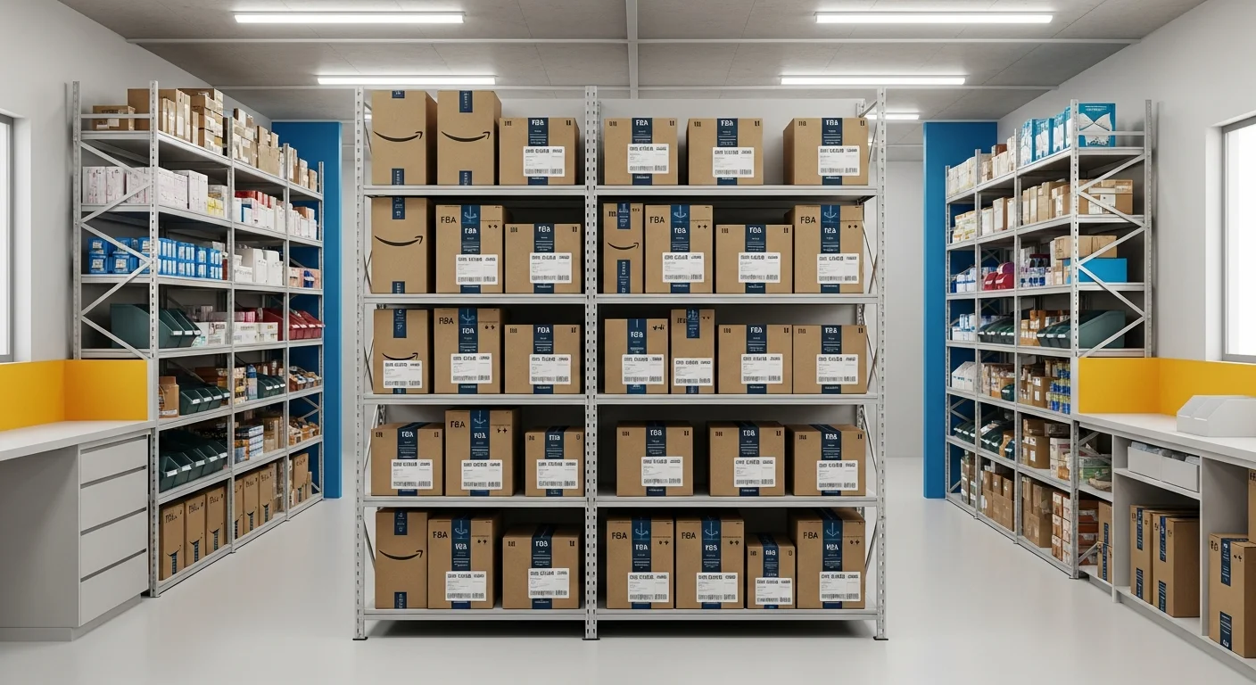 Entrepot organise avec etageres de produits et cartons Amazon FBA prets a l'expedition