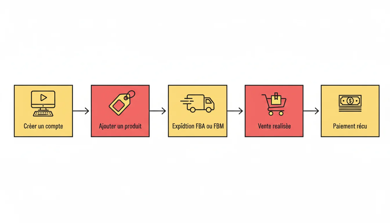 Schema des 5 etapes pour vendre sur Amazon : creer un compte, ajouter un produit, expedition FBA ou FBM, vente realisee, paiement recu