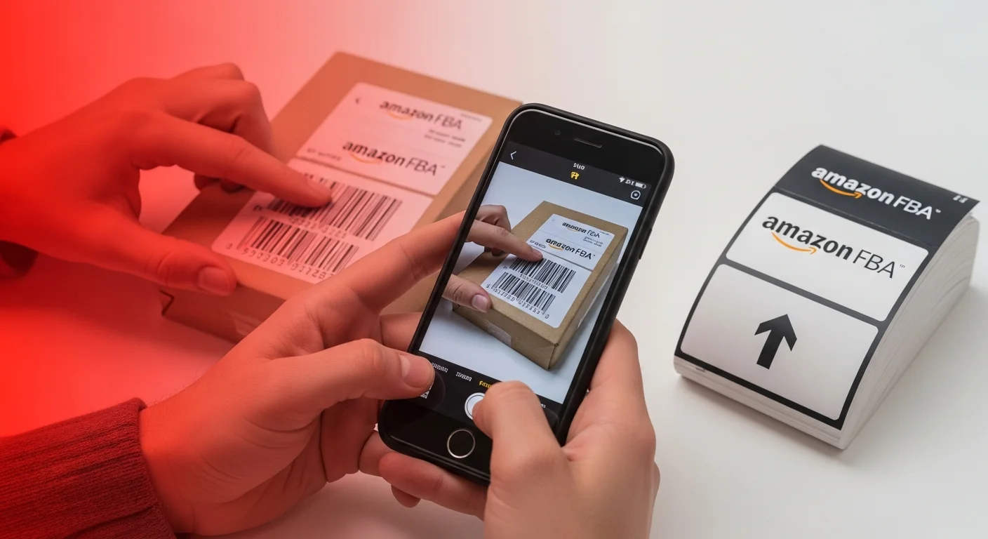Mains qui scannent le code-barres d'un produit avec un smartphone pour Amazon FBA