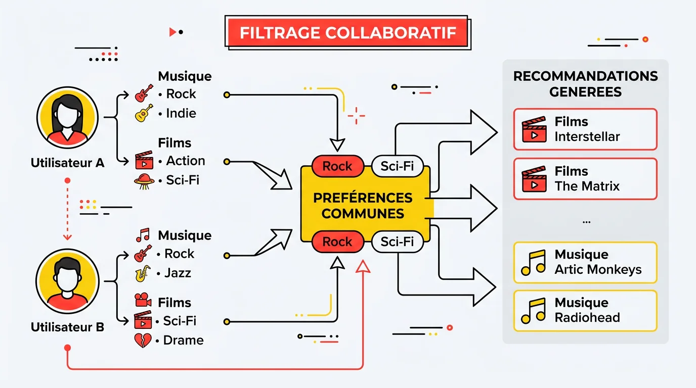 Schema du filtrage collaboratif : deux utilisateurs avec des preferences communes generant des recommandations croisees