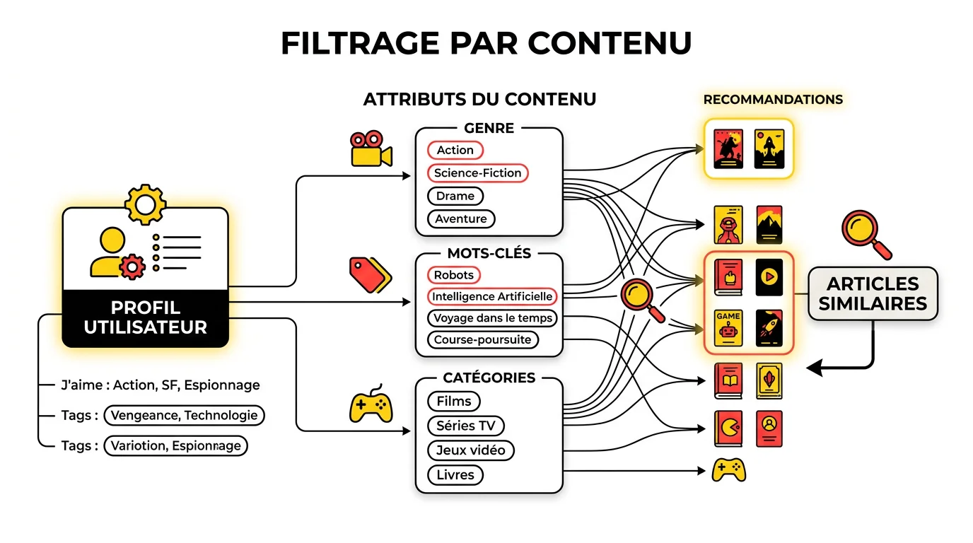 Schema du filtrage par contenu : profil utilisateur connecte aux attributs d'items pour generer des recommandations