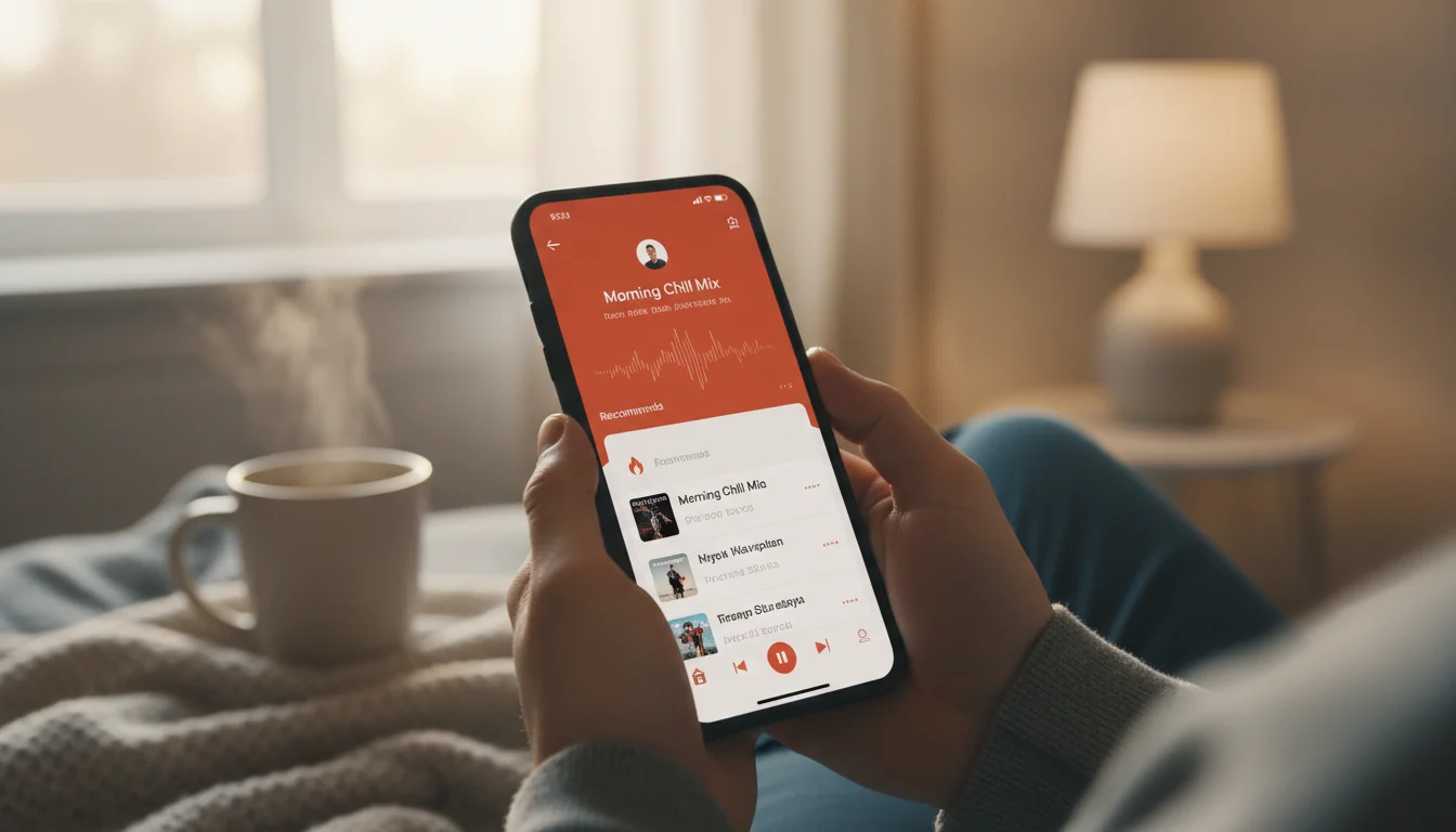 Personne tenant un smartphone affichant une playlist musicale avec des suggestions personnalisees