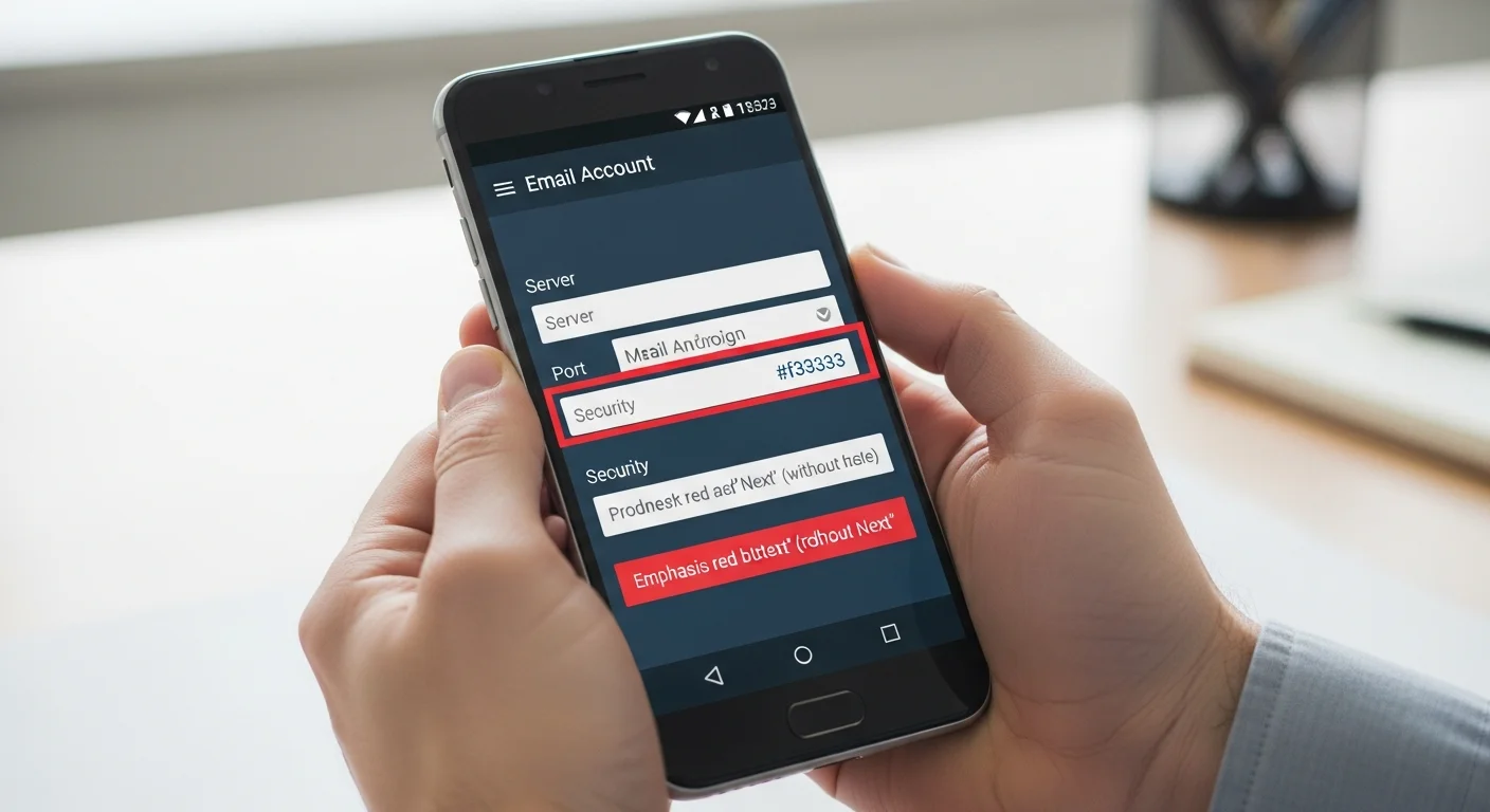 Mains tenant un smartphone Android affichant les paramètres de configuration d'un compte email