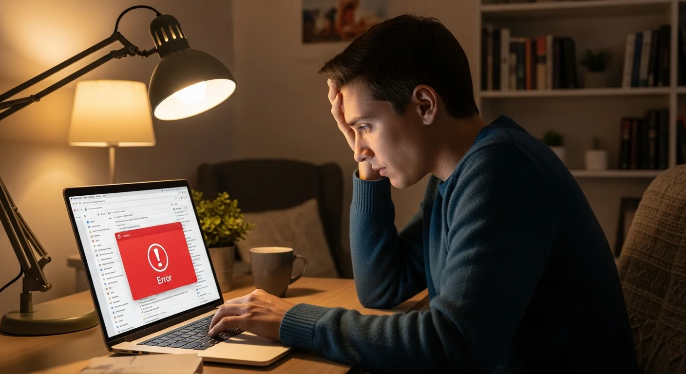 Personne perplexe devant un ordinateur portable affichant un message d'erreur de messagerie