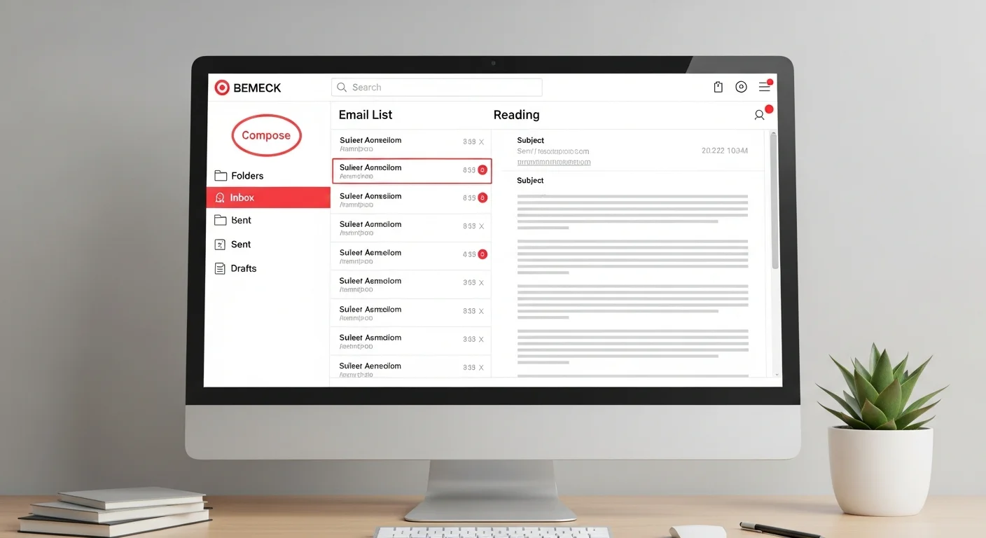 Interface webmail moderne avec boîte de réception, liste d'emails et panneau de lecture