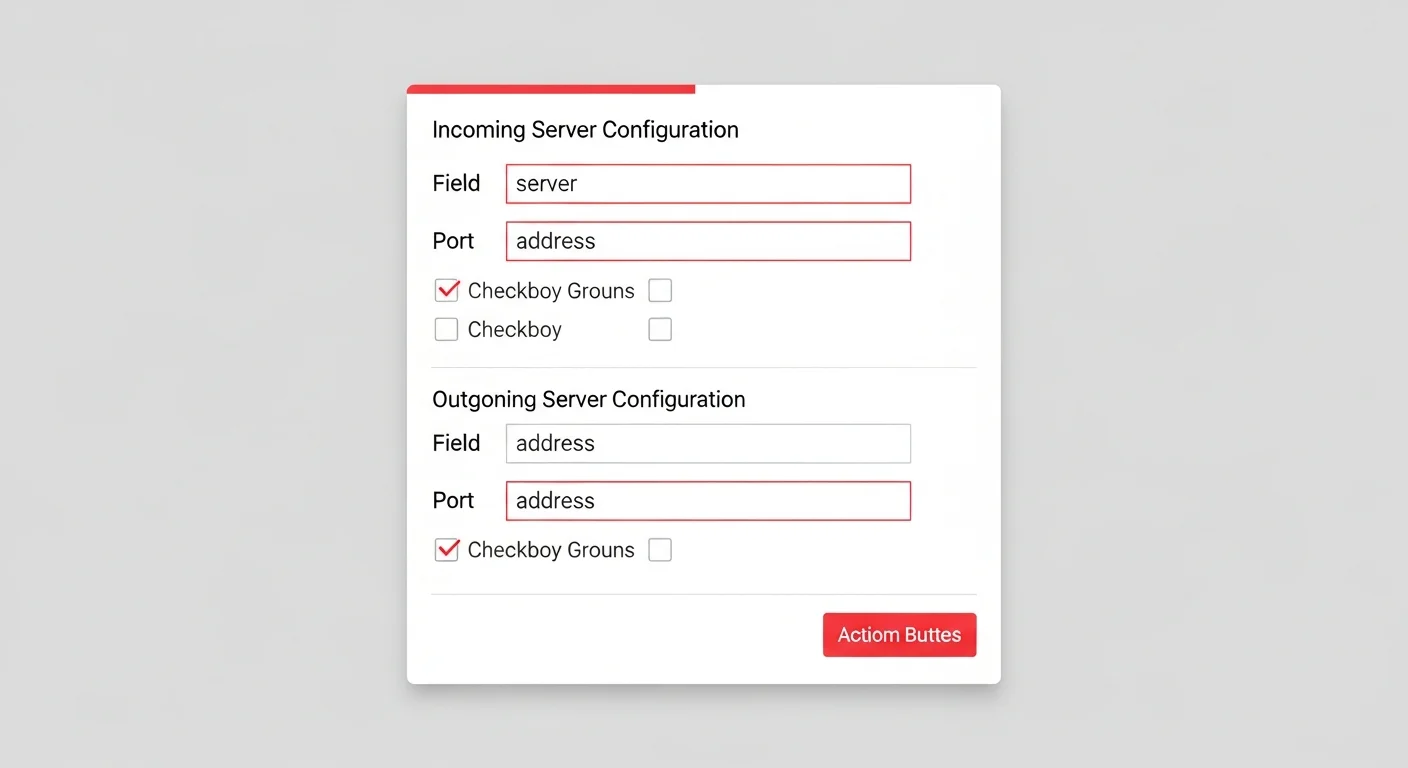 Formulaire de configuration email avec champs serveur IMAP entrant, SMTP sortant, ports et options SSL/TLS