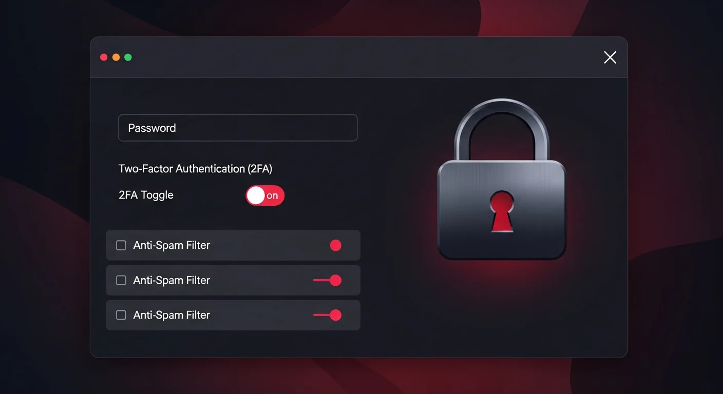 Paramètres de sécurité d'une messagerie avec authentification deux facteurs et filtres anti-spam