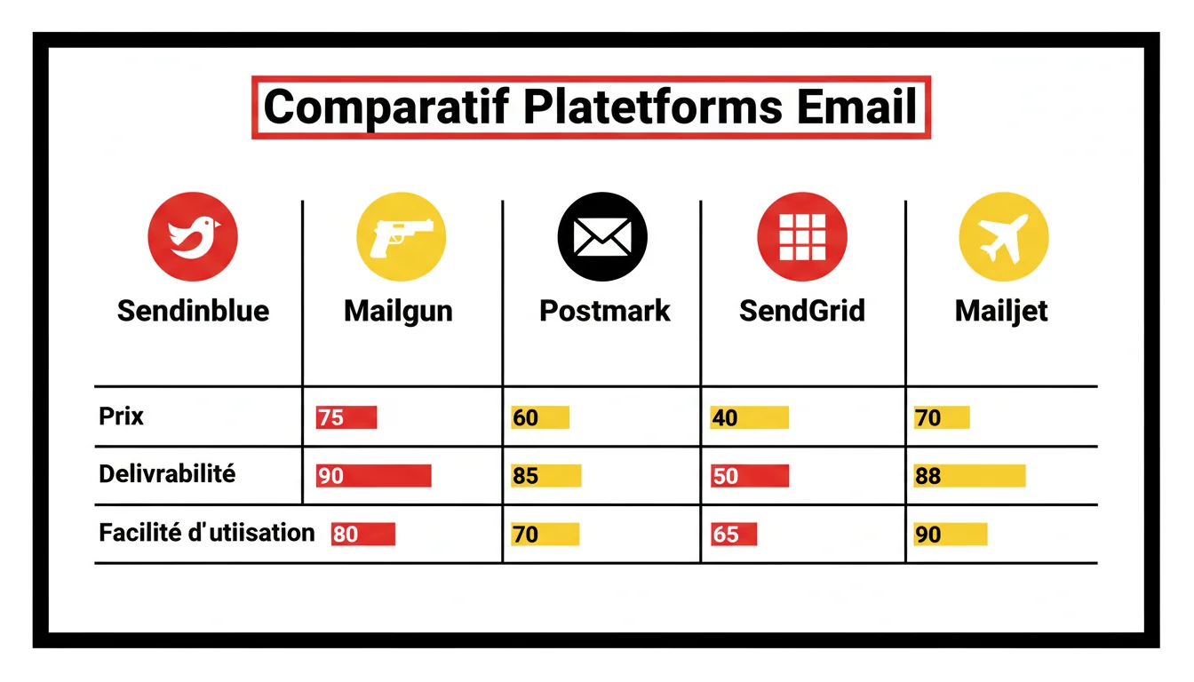 Comparatif de cinq plateformes d'envoi d'emails transactionnels avec barres de progression