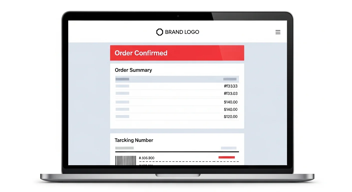 Écran d'ordinateur portable affichant un email de confirmation de commande avec numéro de suivi