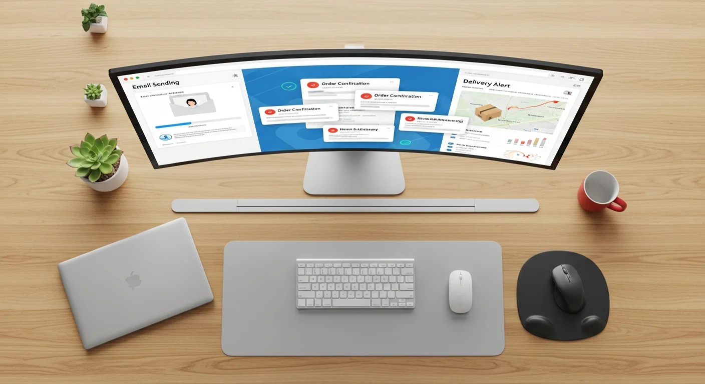 Bureau moderne avec ecran affichant une interface d envoi d emails transactionnels