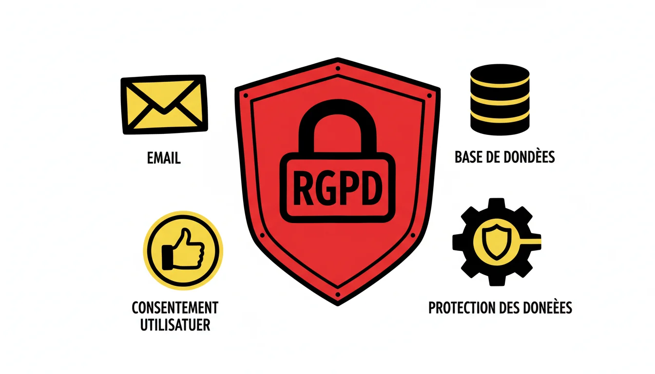 Illustration RGPD avec bouclier et cadenas entouré d'icônes email et consentement