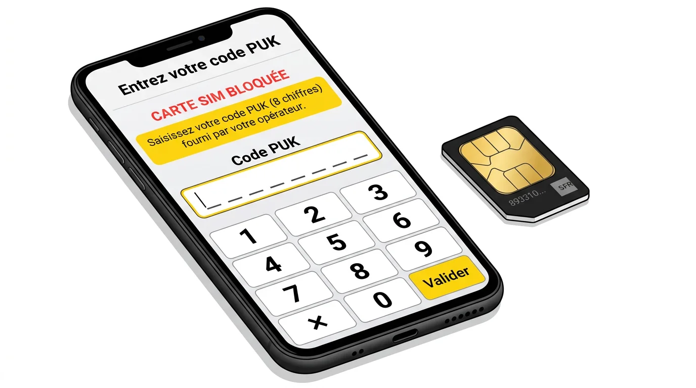 Écran de saisie du code PUK sur téléphone avec carte SIM posée à côté