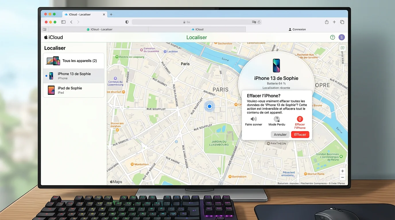 Interface iCloud.com Localiser avec un iPhone sélectionné et l'option Effacer l'iPhone