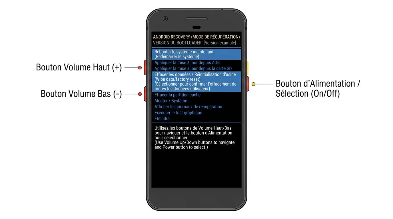 Téléphone Android affichant le menu du mode recovery pour une réinitialisation usine