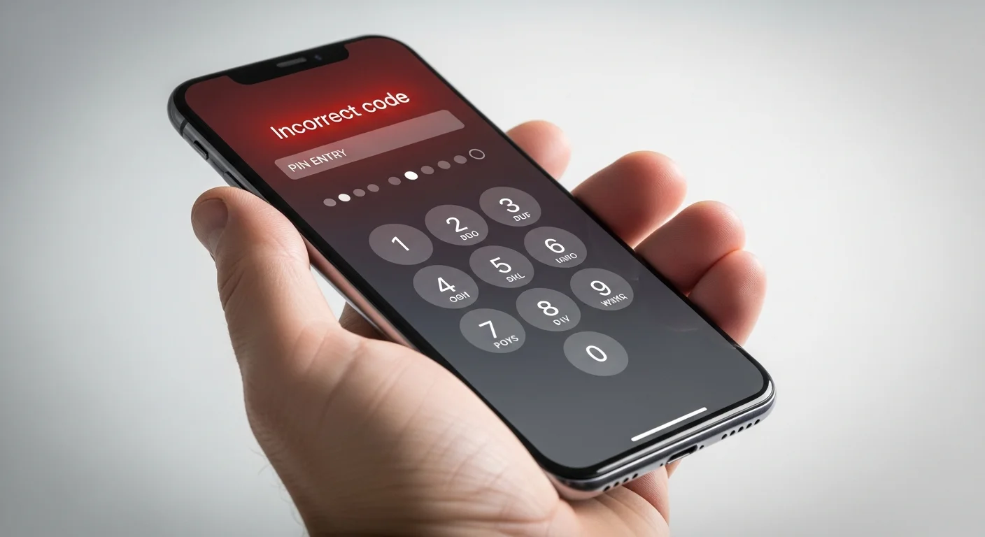 Main tenant un smartphone affichant un écran de verrouillage par code PIN avec message d'erreur