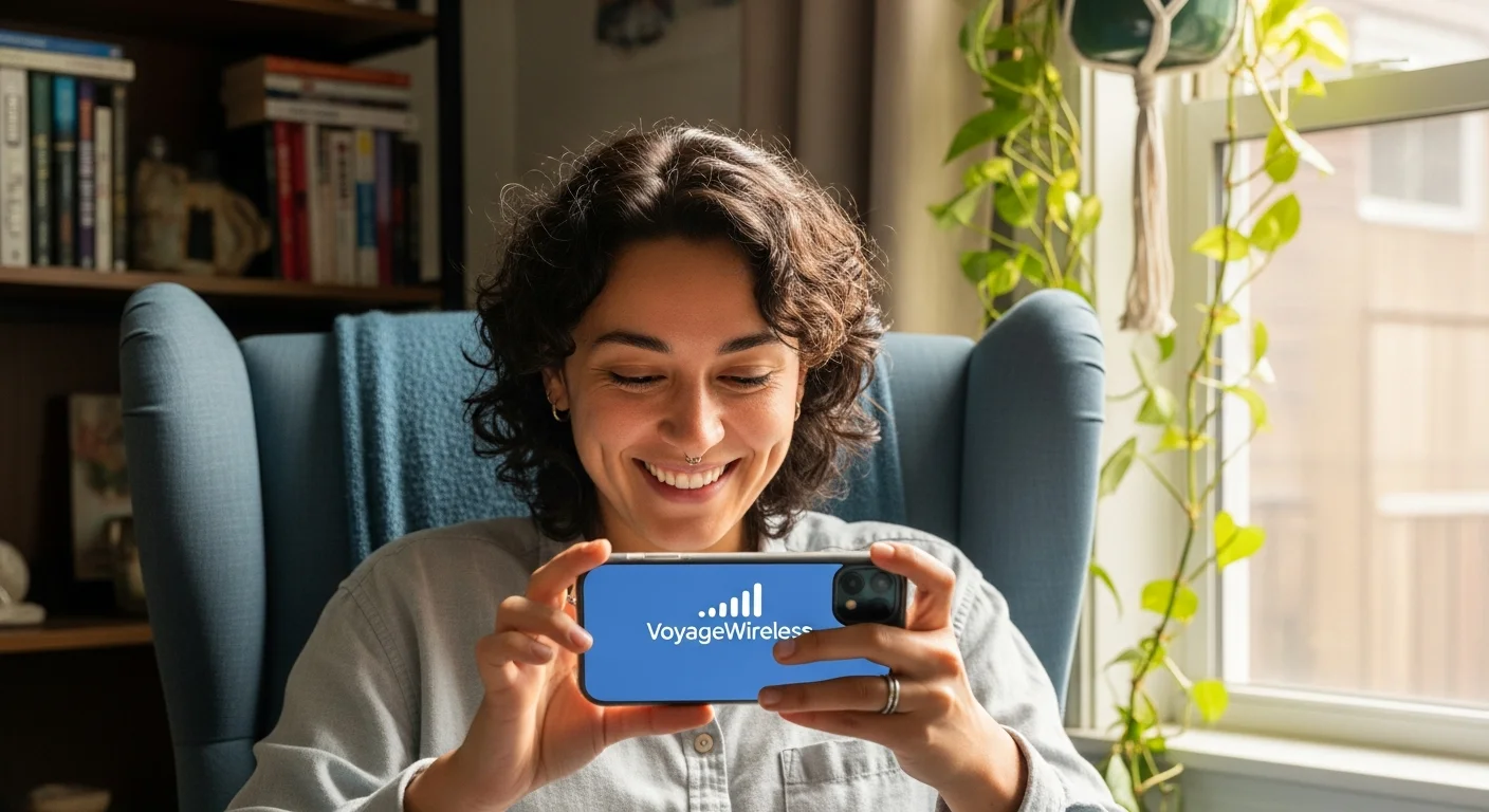 Personne souriante regardant son smartphone debloque avec plein de barres de signal