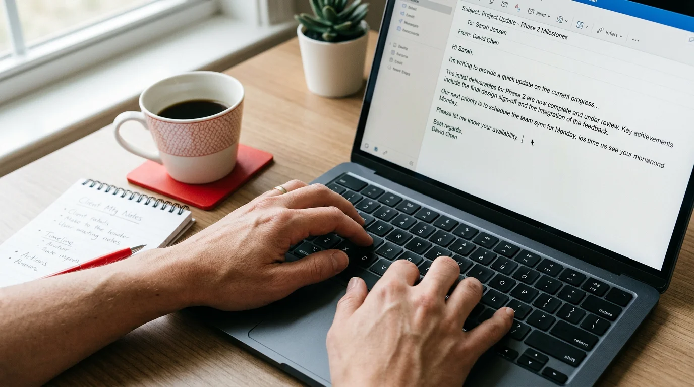 Mains tapant sur un clavier avec un brouillon de mail professionnel a l'ecran