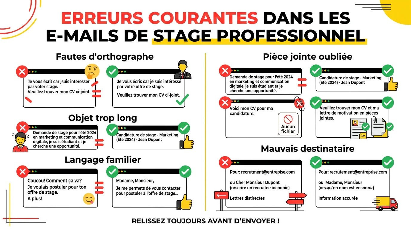 Infographie des erreurs a eviter dans un mail de demande de stage