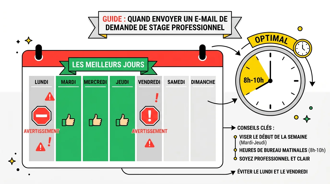Calendrier et horloge montrant les meilleurs jours et heures pour envoyer un mail de stage
