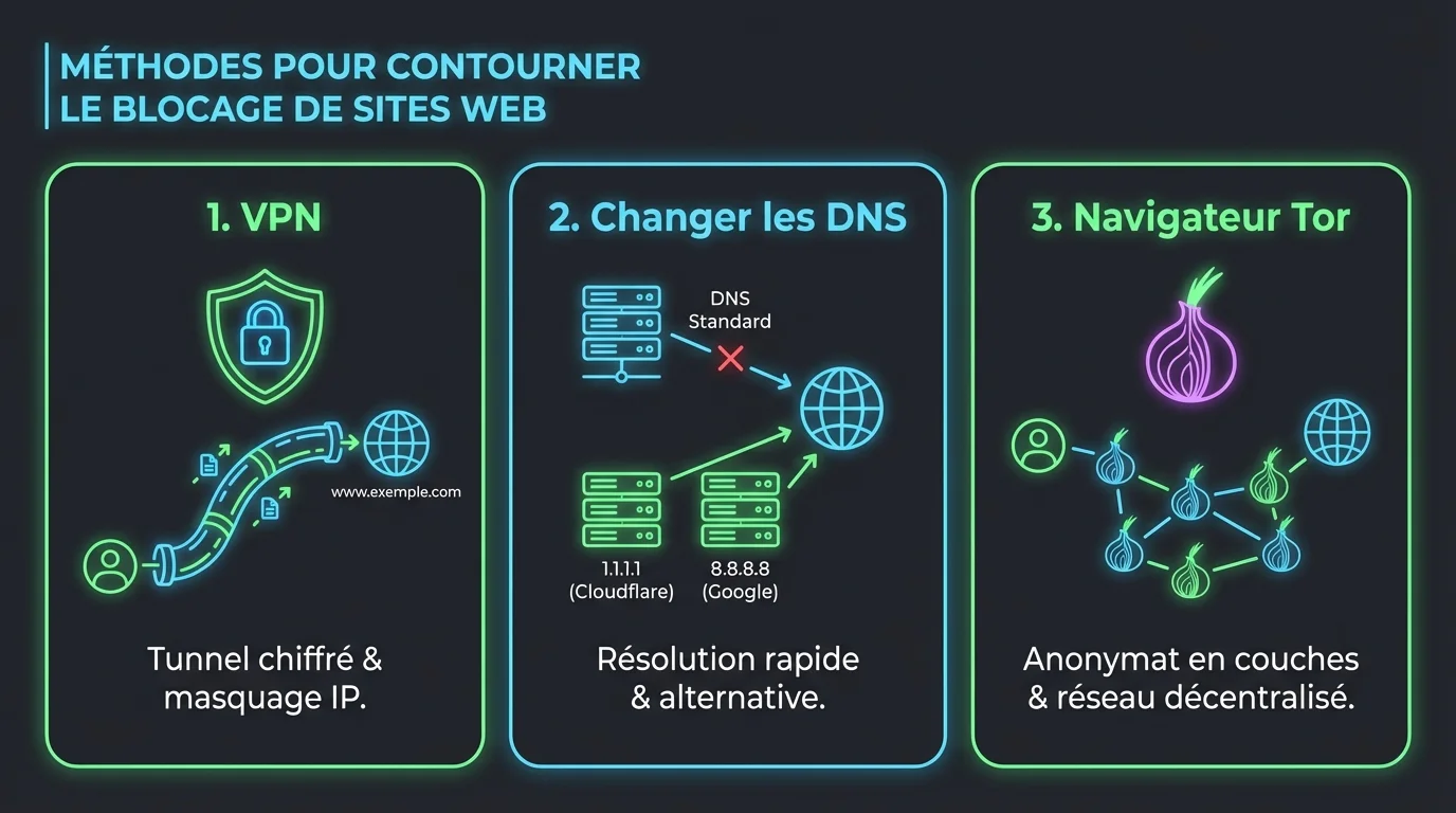 Schéma comparatif des trois méthodes pour contourner le blocage de Zone Téléchargement : changement DNS, VPN et navigateur Tor