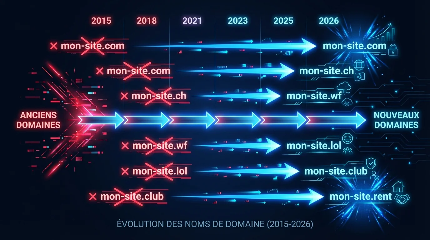 Chronologie des changements d'adresse de Zone Téléchargement de 2015 à 2026 avec les grandes étapes de blocage par l'ARCOM et les FAI français