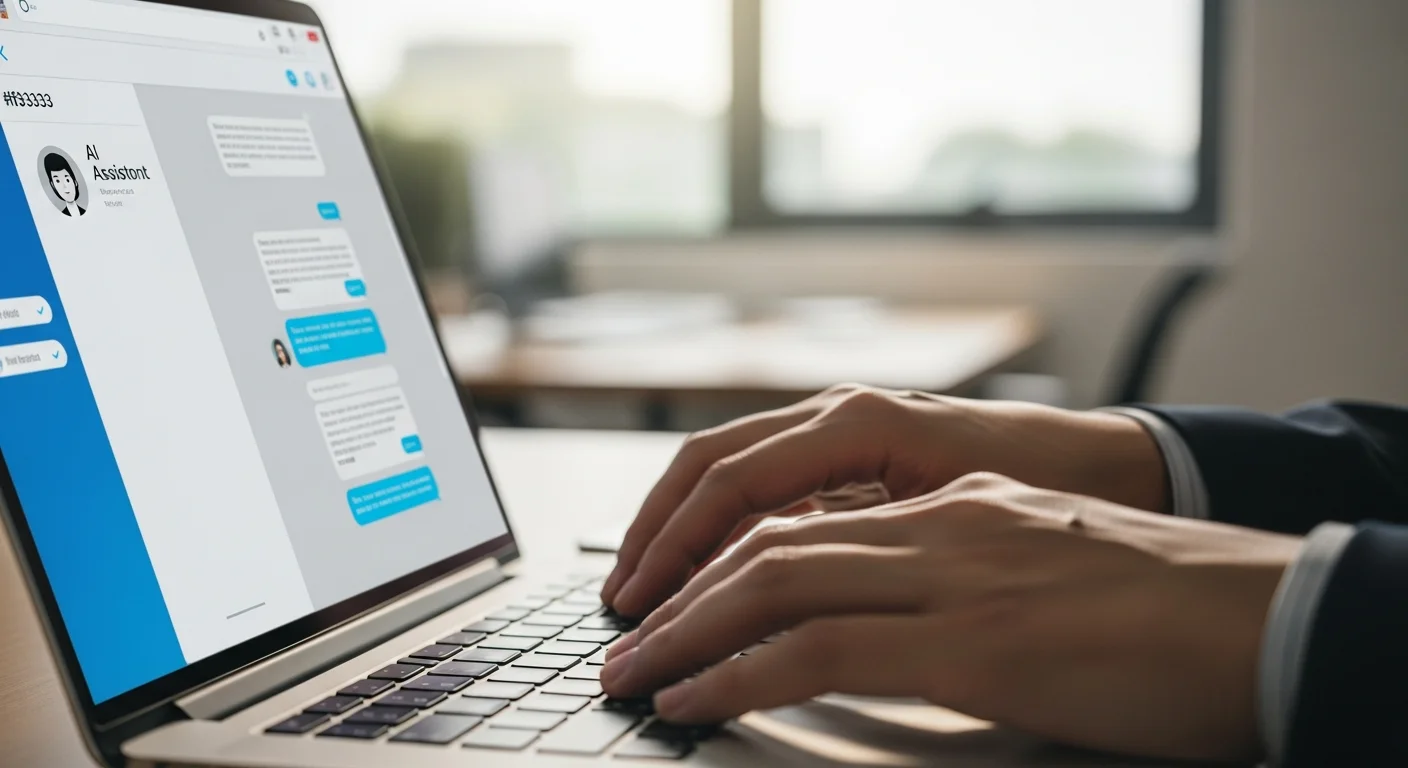 Mains tapant sur un clavier d'ordinateur portable avec une conversation IA visible a l'ecran