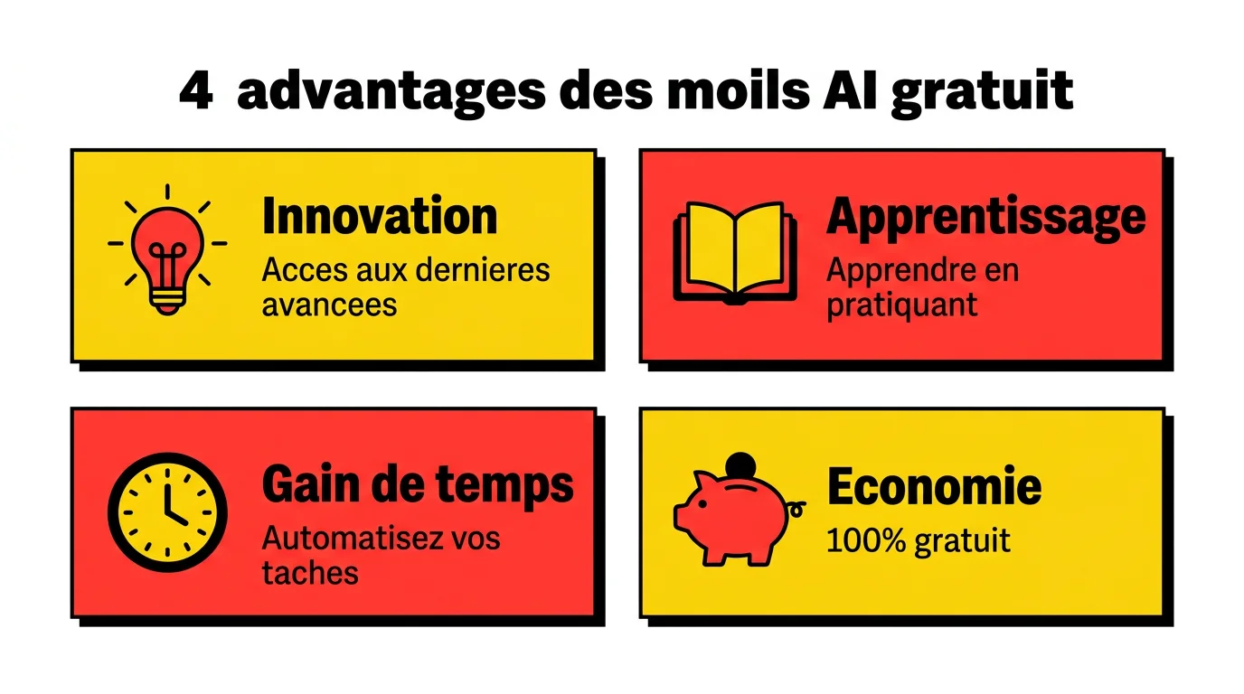 Infographie presentant les 4 avantages de l'IA gratuite : innovation, apprentissage, gain de temps, economie