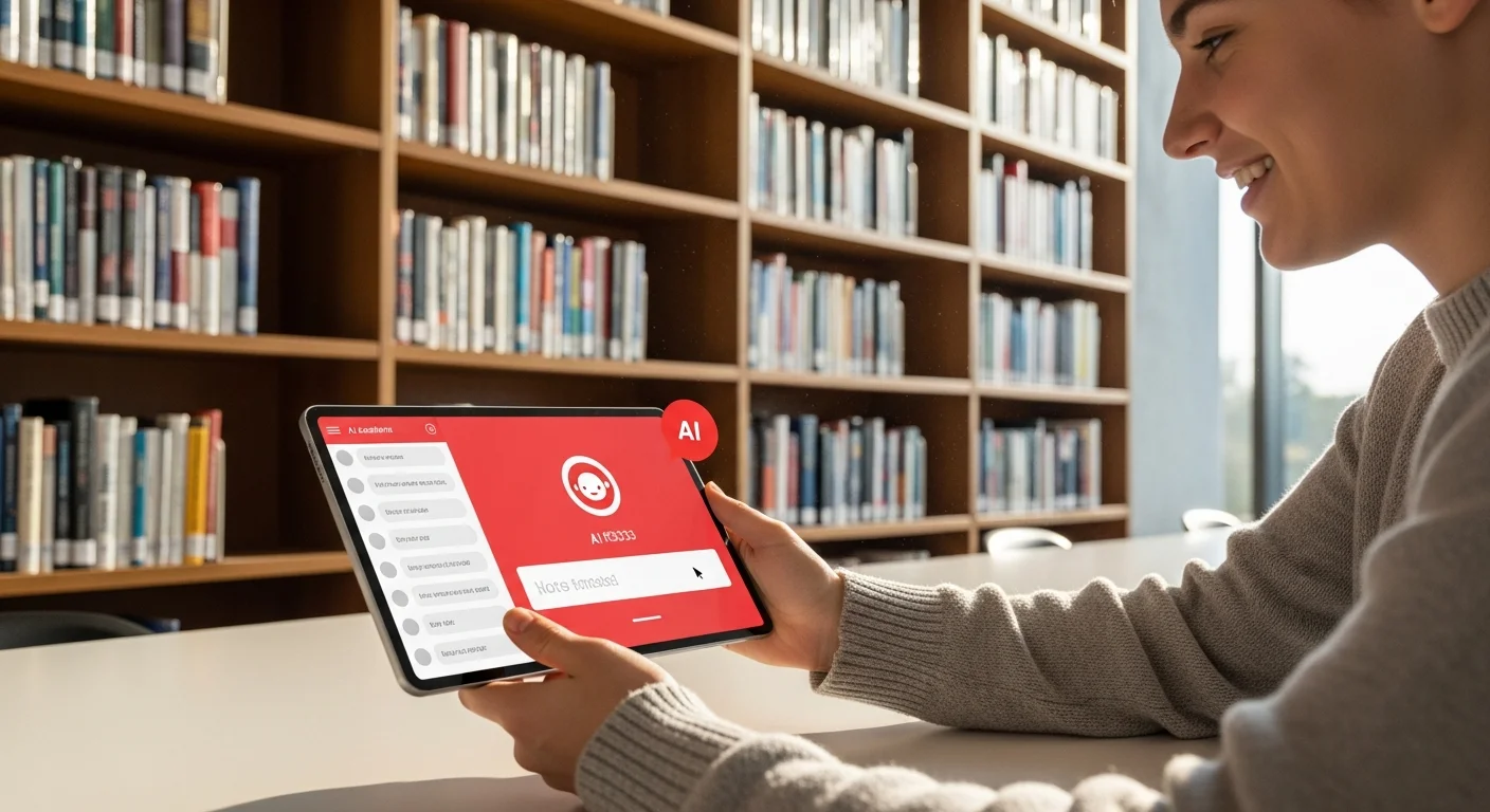 Jeune etudiant souriant utilisant une tablette avec une interface d'assistant IA dans une bibliotheque moderne