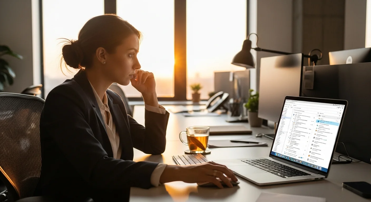 Femme professionnelle consultant sa boîte mail sur ordinateur portable en bureau moderne