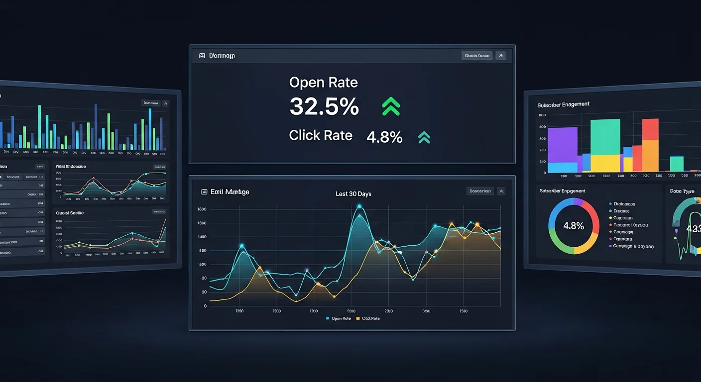 Dashboard d'analytics email marketing affichant taux d'ouverture et taux de clic