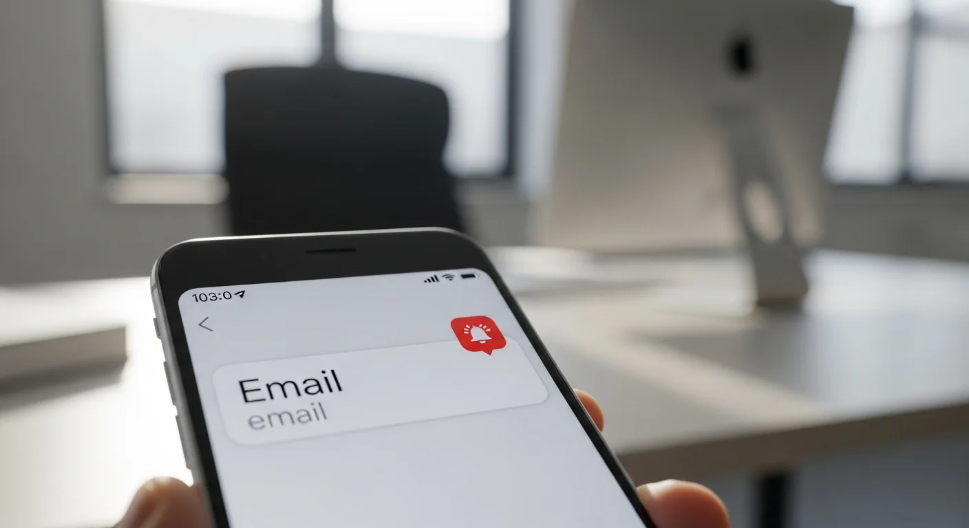 Smartphone affichant une notification d'email de relance sur un bureau professionnel