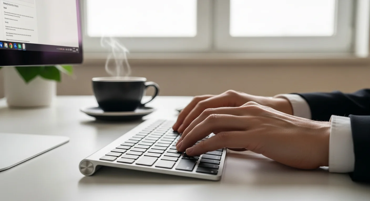 Mains sur clavier en train de rédiger un email professionnel avec tasse de café