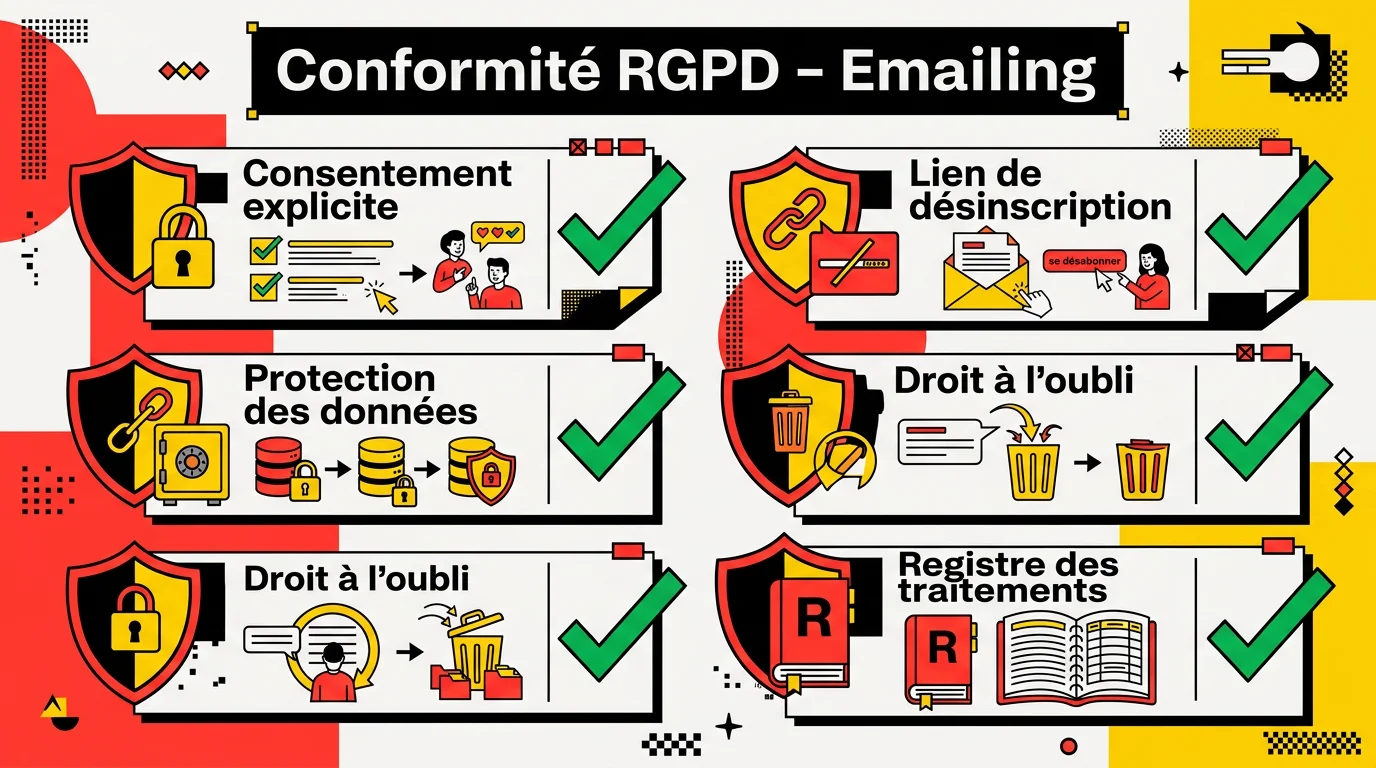 Checklist de conformité RGPD pour l'emailing avec icônes de bouclier et cases cochées