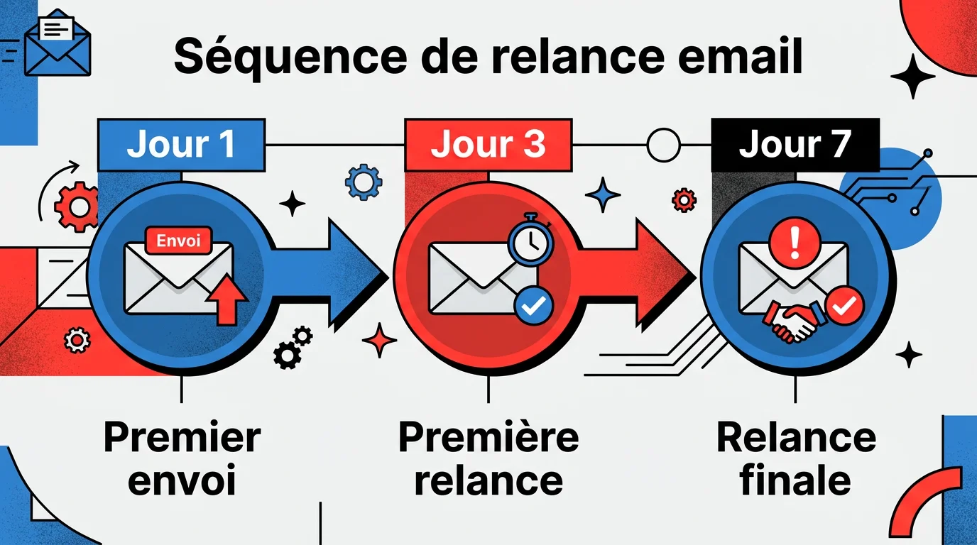 Infographie timeline séquence de relance email en 3 étapes : Jour 1, Jour 3, Jour 7