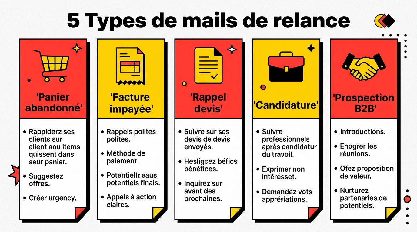 Comparatif des 5 types de mails de relance : panier abandonné, facture, devis, candidature, B2B