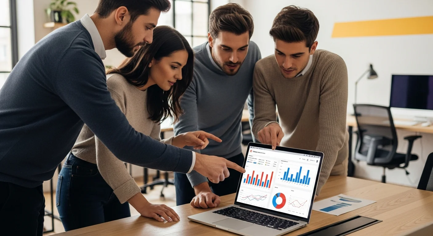 Equipe marketing de trois personnes analysant les resultats d'une campagne SMS sur un ordinateur portable