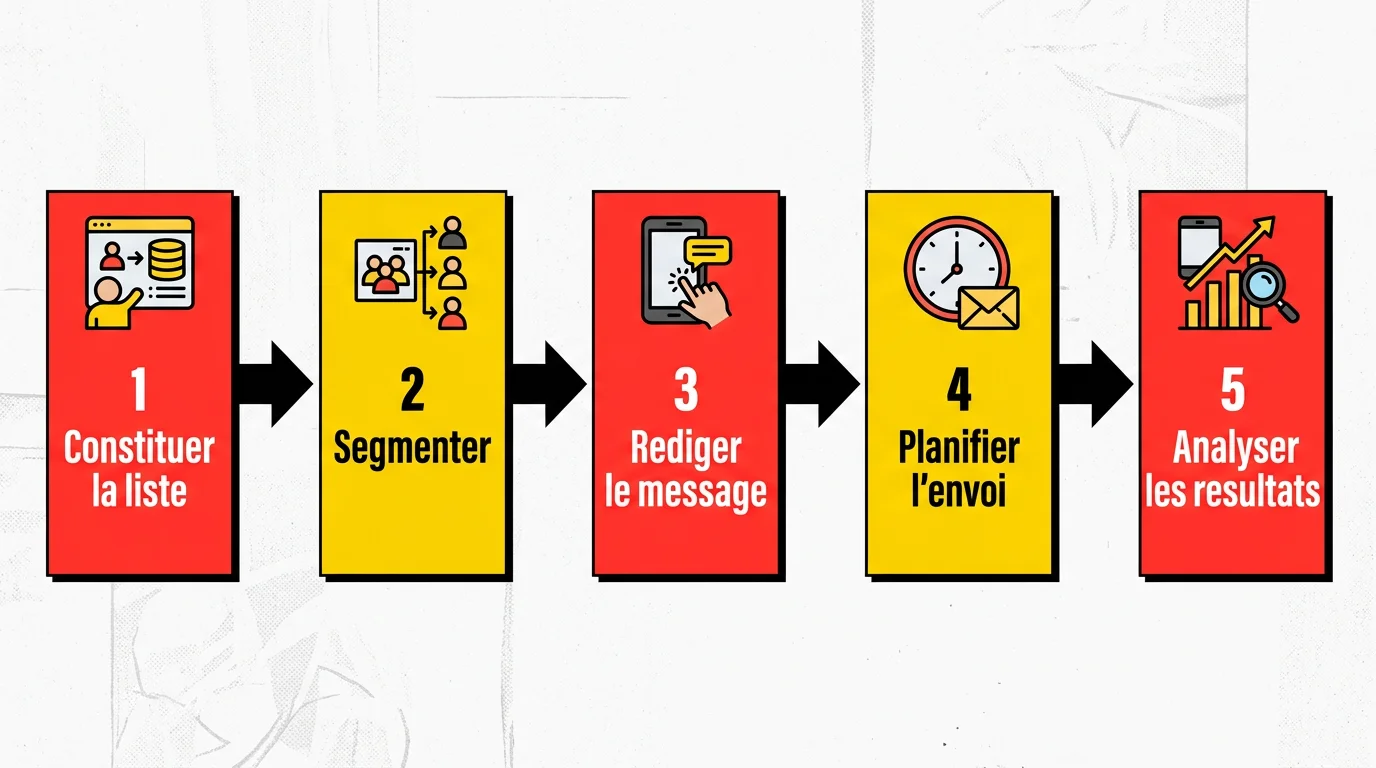 Les 5 etapes d'une campagne SMS marketing : constituer la liste, segmenter, rediger, planifier et analyser