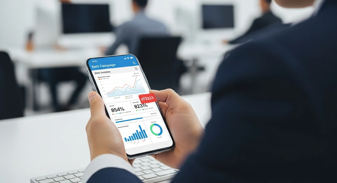 Responsable marketing analysant un tableau de bord de campagne SMS sur son smartphone dans un bureau moderne