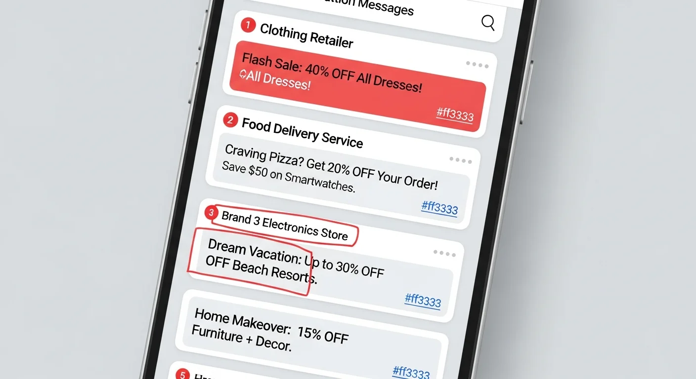 Ecran de smartphone affichant des notifications SMS marketing de differentes marques avec offres promotionnelles