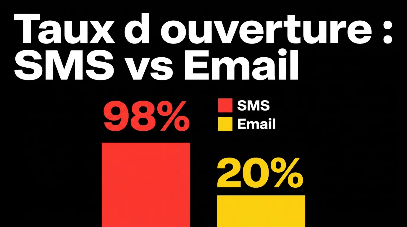 Infographie comparant les taux d'ouverture SMS (98%) versus Email (20%)