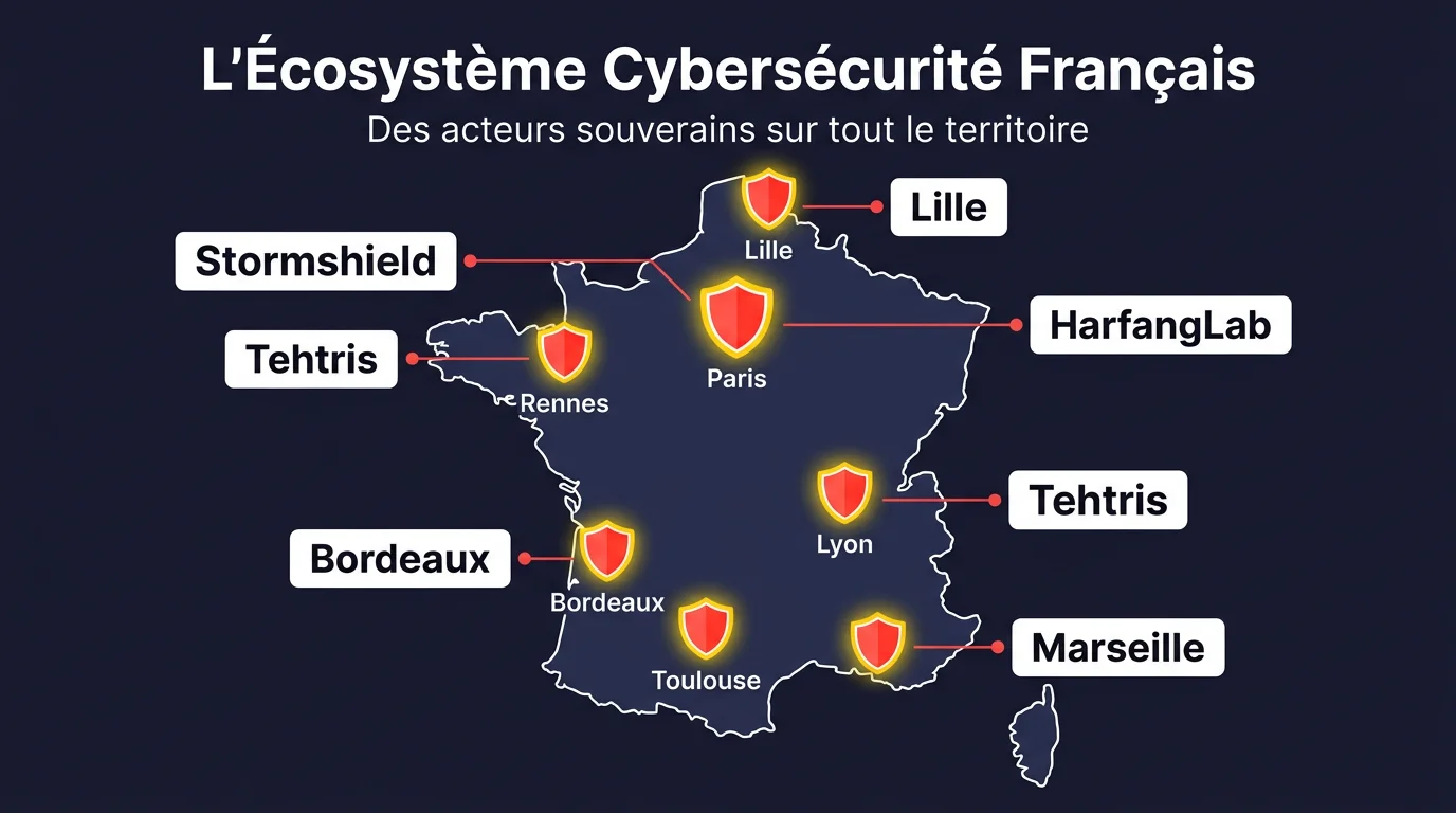 Carte de France stylisée avec les acteurs français de cybersécurité Stormshield, HarfangLab et Tehtris