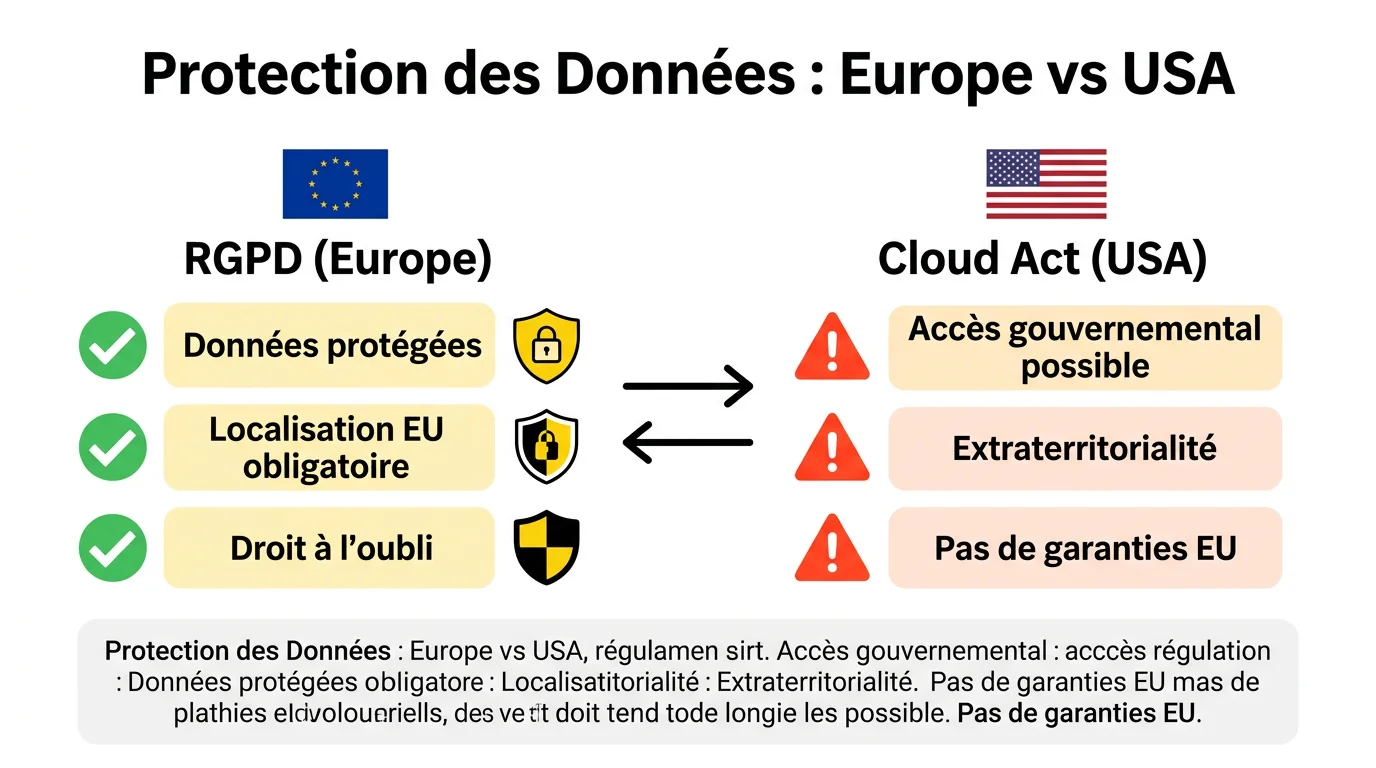 Comparaison RGPD Europe vs Cloud Act américain : protection des données et flux d'accès gouvernemental