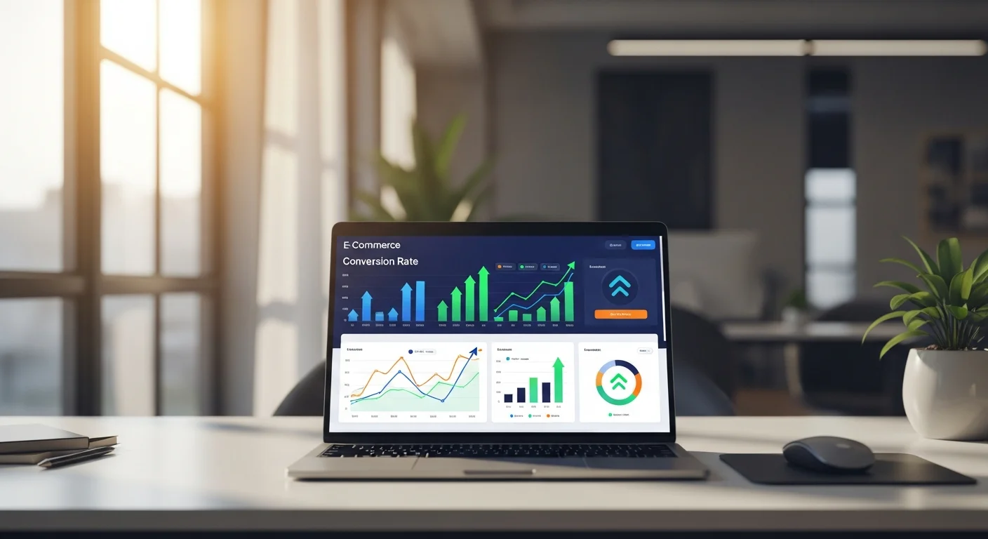 Dashboard e-commerce avec courbes de conversion sur un ecran d'ordinateur portable