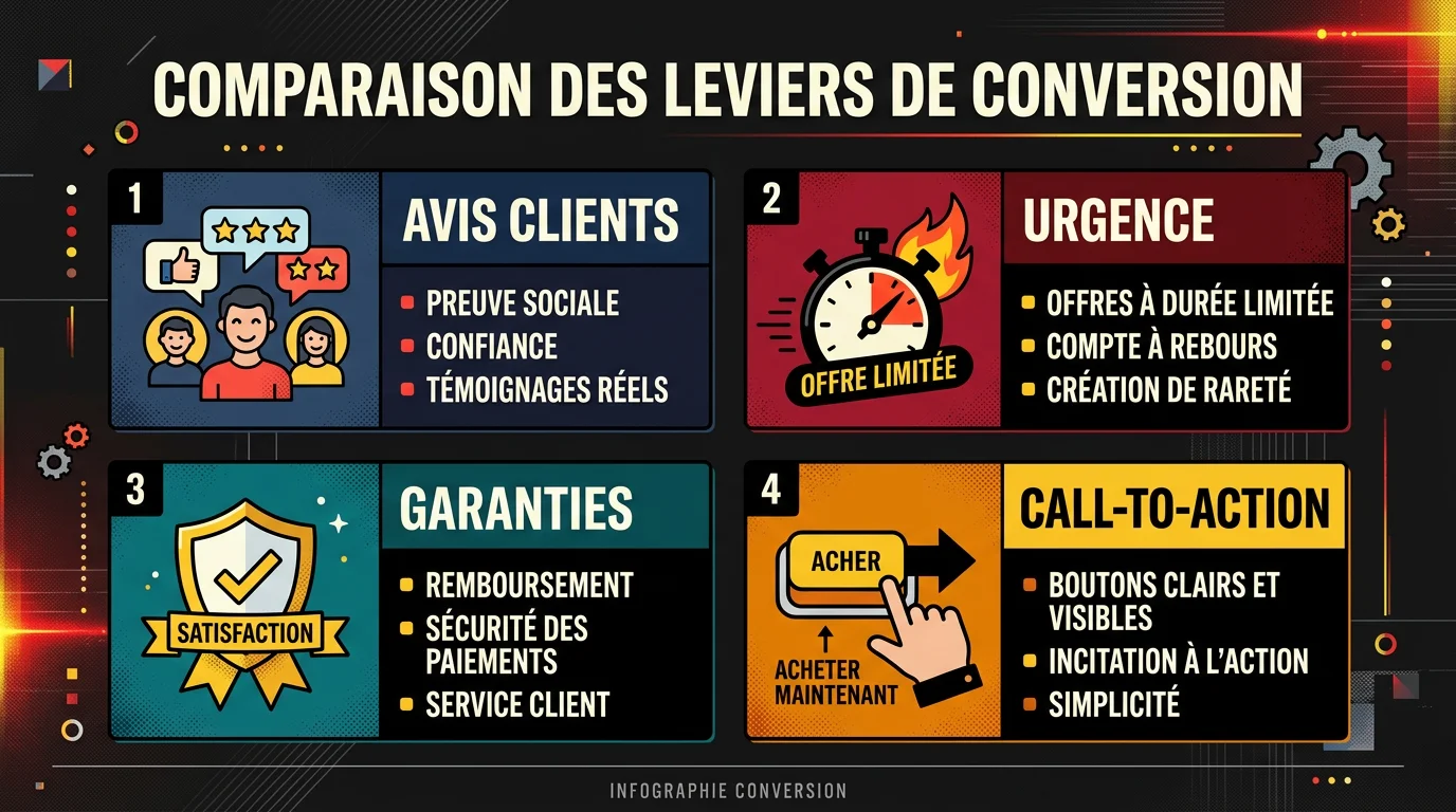 Diagramme des 4 leviers de conversion : avis clients, urgence, garanties, call-to-action