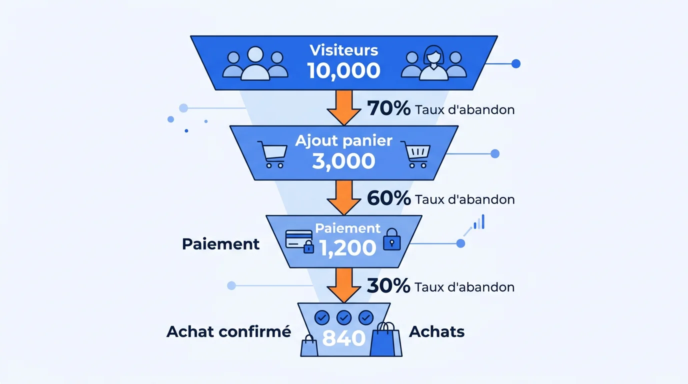 Tunnel de conversion e-commerce : de visiteurs a achat confirme avec taux de perte par etape