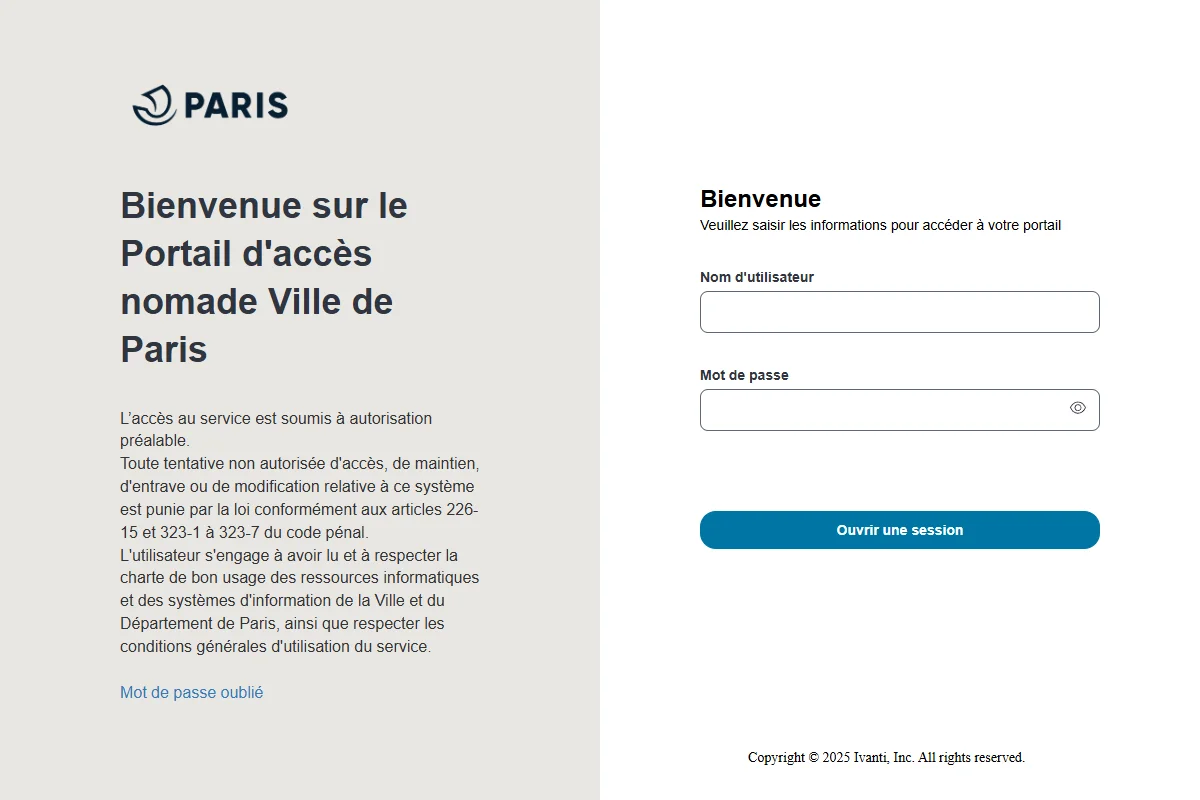 Page de connexion du portail IntraParis Nomade